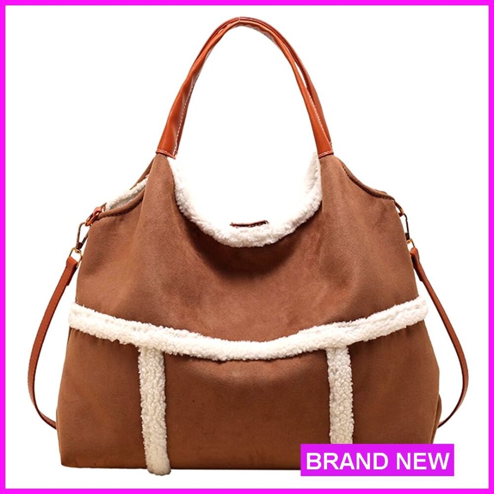 Suede Tote Bag Faux Lamb Wool Lined Shoulder Crossbody Work Travel Purse